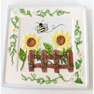 Vintage Ceramic Tile Kitchen Trivet - Summer Sunflowers Gate and Bee